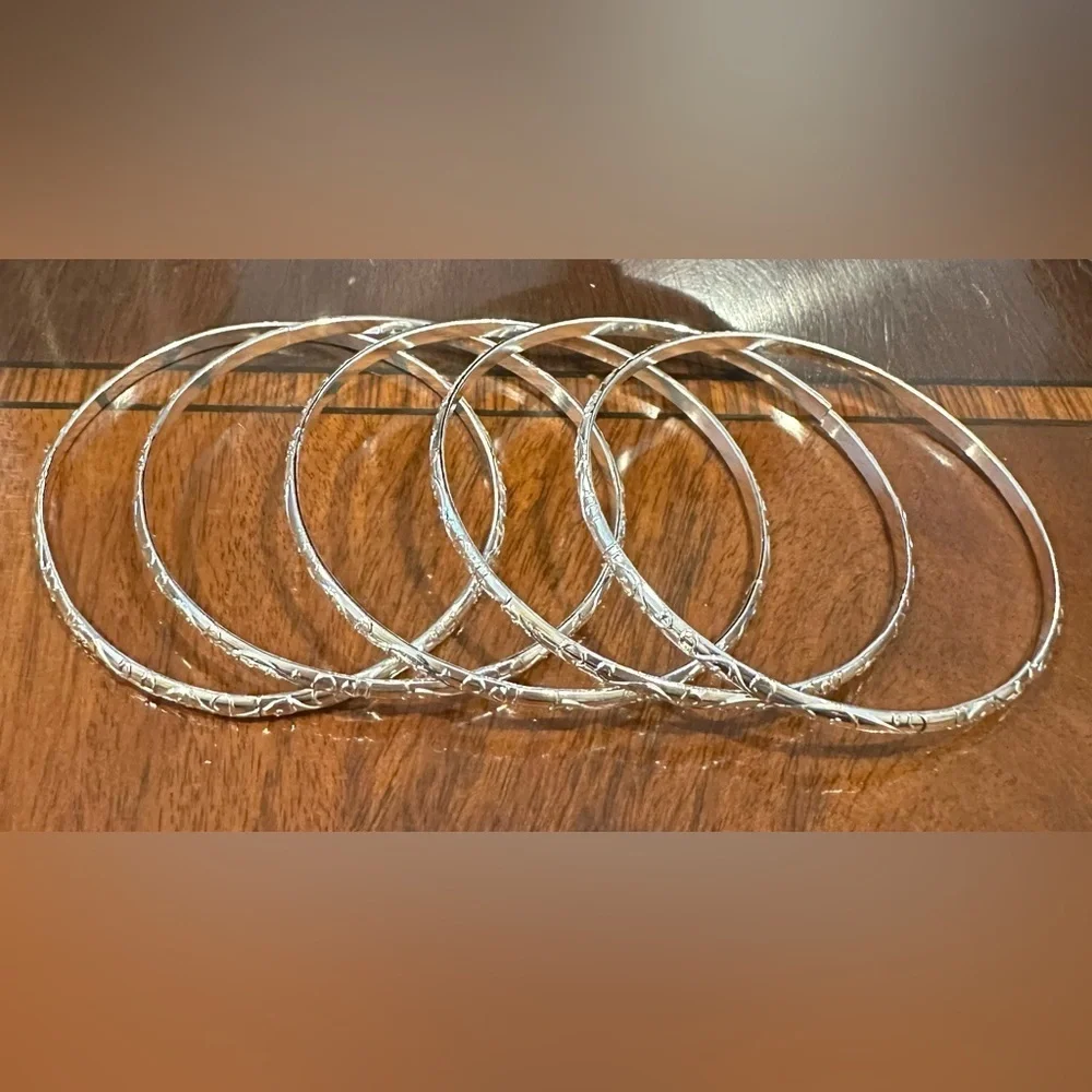Set/5 Silver Tone Bangle Bracelets Intricate Swirl Design Fits up to Size 8 NEW